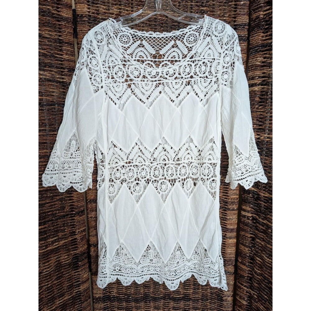 Crochet Boho Swimsuit Coverup Tunic Top Medium White Sheer Cottagecore Vacation